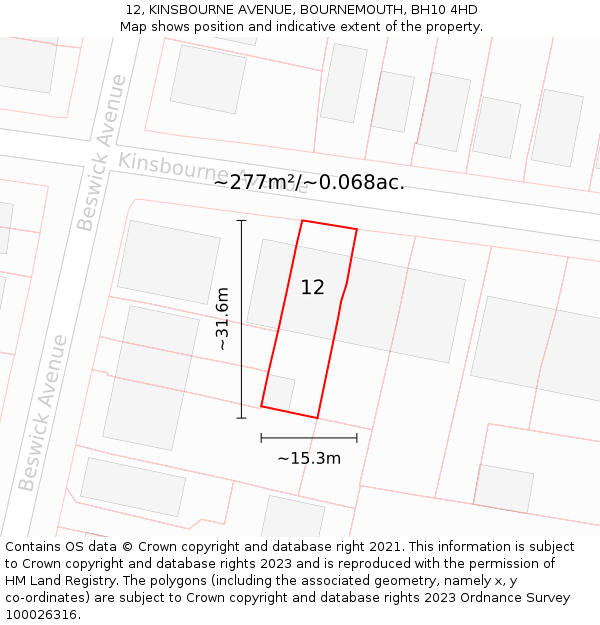 12, KINSBOURNE AVENUE, BOURNEMOUTH, BH10 4HD: Plot and title map