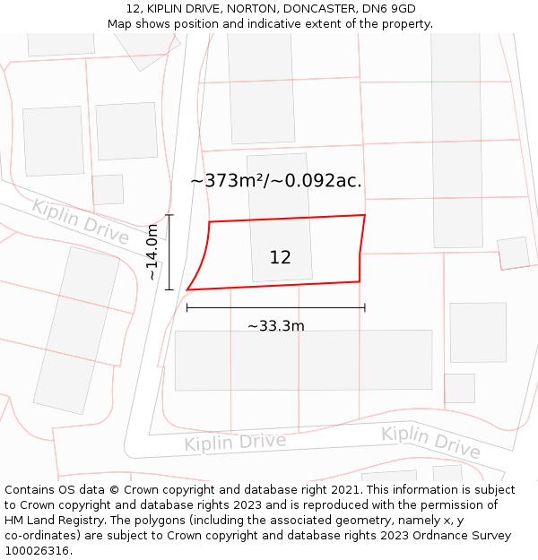 12, KIPLIN DRIVE, NORTON, DONCASTER, DN6 9GD: Plot and title map