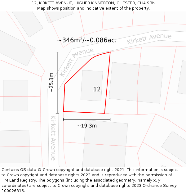 12, KIRKETT AVENUE, HIGHER KINNERTON, CHESTER, CH4 9BN: Plot and title map