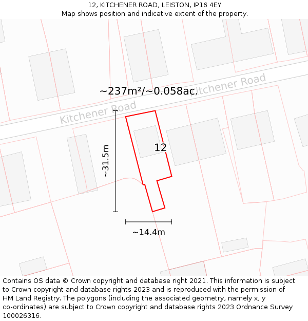 12, KITCHENER ROAD, LEISTON, IP16 4EY: Plot and title map