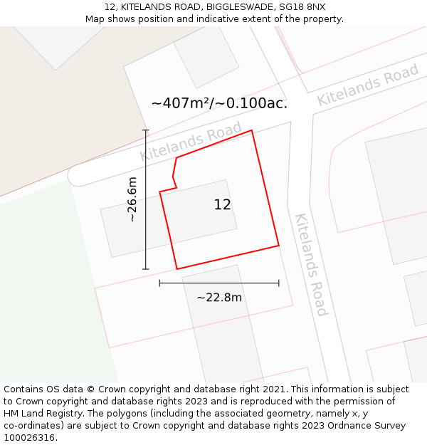 12, KITELANDS ROAD, BIGGLESWADE, SG18 8NX: Plot and title map