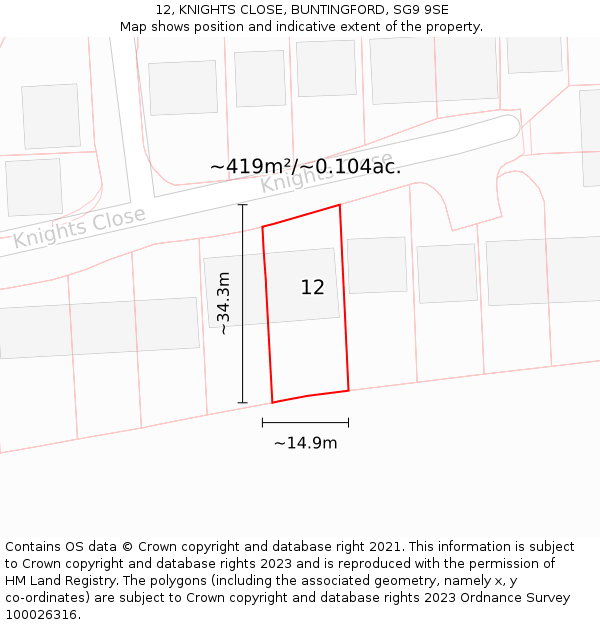 12, KNIGHTS CLOSE, BUNTINGFORD, SG9 9SE: Plot and title map