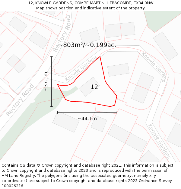 12, KNOWLE GARDENS, COMBE MARTIN, ILFRACOMBE, EX34 0NW: Plot and title map