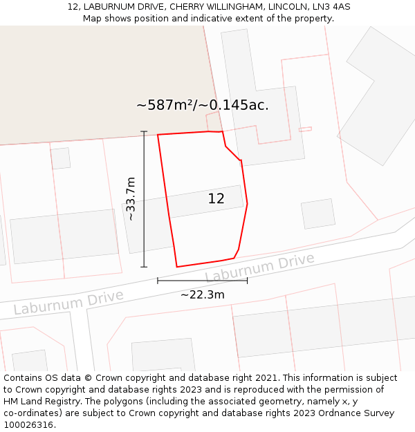 12, LABURNUM DRIVE, CHERRY WILLINGHAM, LINCOLN, LN3 4AS: Plot and title map