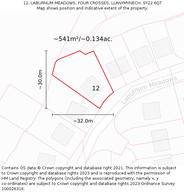 12, LABURNUM MEADOWS, FOUR CROSSES, LLANYMYNECH, SY22 6QT: Plot and title map