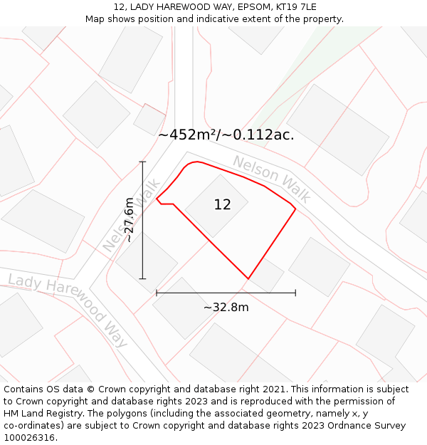 12, LADY HAREWOOD WAY, EPSOM, KT19 7LE: Plot and title map