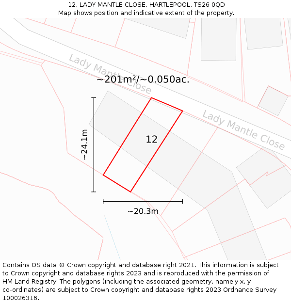 12, LADY MANTLE CLOSE, HARTLEPOOL, TS26 0QD: Plot and title map