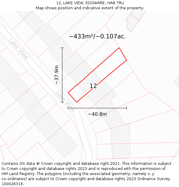 12, LAKE VIEW, EDGWARE, HA8 7RU: Plot and title map