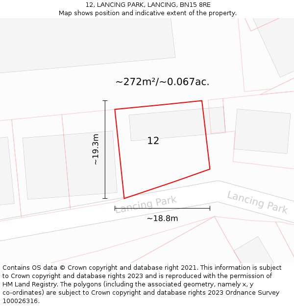 12, LANCING PARK, LANCING, BN15 8RE: Plot and title map