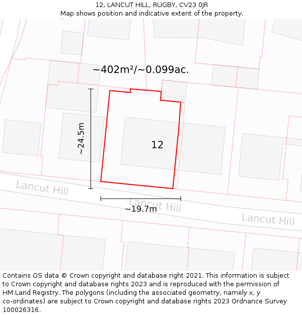 12, LANCUT HILL, RUGBY, CV23 0JR: Plot and title map