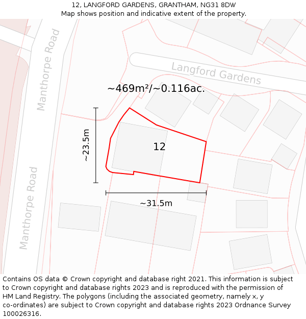 12, LANGFORD GARDENS, GRANTHAM, NG31 8DW: Plot and title map