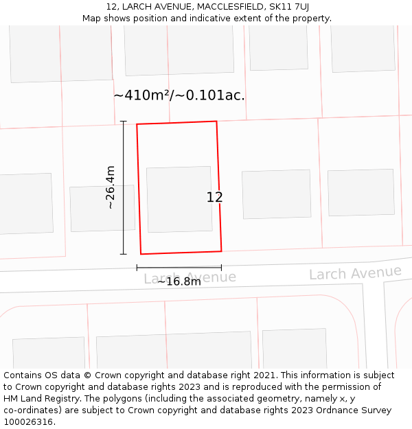 12, LARCH AVENUE, MACCLESFIELD, SK11 7UJ: Plot and title map