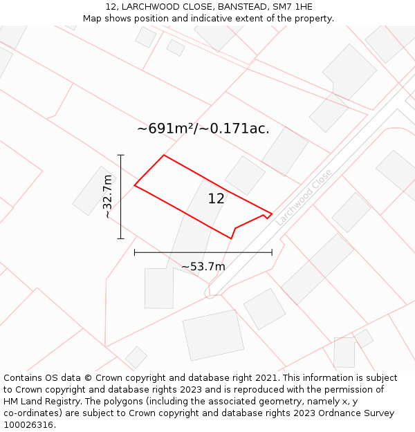 12, LARCHWOOD CLOSE, BANSTEAD, SM7 1HE: Plot and title map