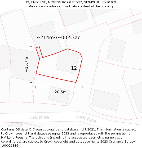 12, LARK RISE, NEWTON POPPLEFORD, SIDMOUTH, EX10 0DH: Plot and title map