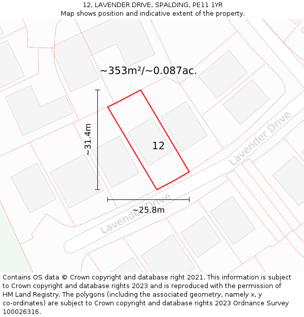 12, LAVENDER DRIVE, SPALDING, PE11 1YR: Plot and title map