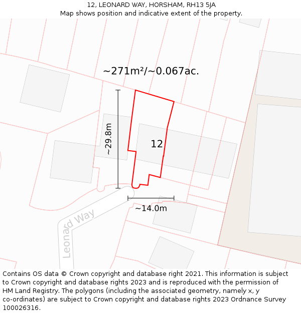 12, LEONARD WAY, HORSHAM, RH13 5JA: Plot and title map