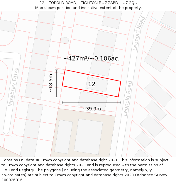 12, LEOPOLD ROAD, LEIGHTON BUZZARD, LU7 2QU: Plot and title map