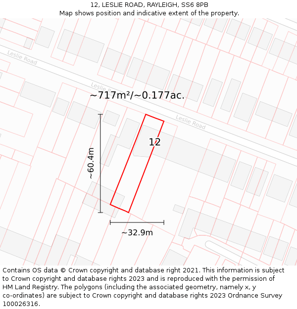 12, LESLIE ROAD, RAYLEIGH, SS6 8PB: Plot and title map