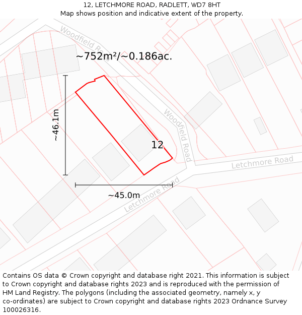 12, LETCHMORE ROAD, RADLETT, WD7 8HT: Plot and title map