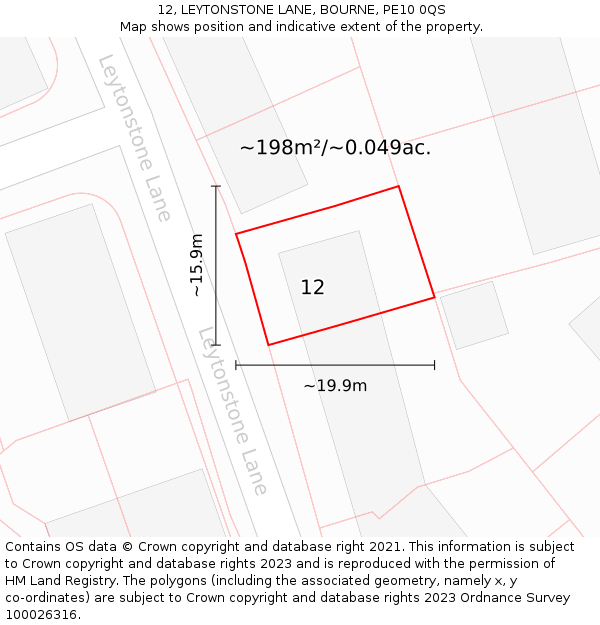 12, LEYTONSTONE LANE, BOURNE, PE10 0QS: Plot and title map