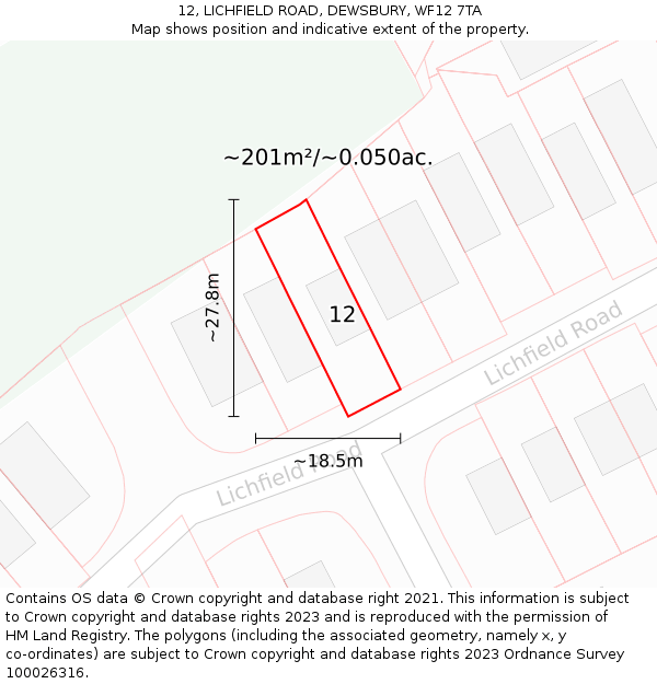 12, LICHFIELD ROAD, DEWSBURY, WF12 7TA: Plot and title map