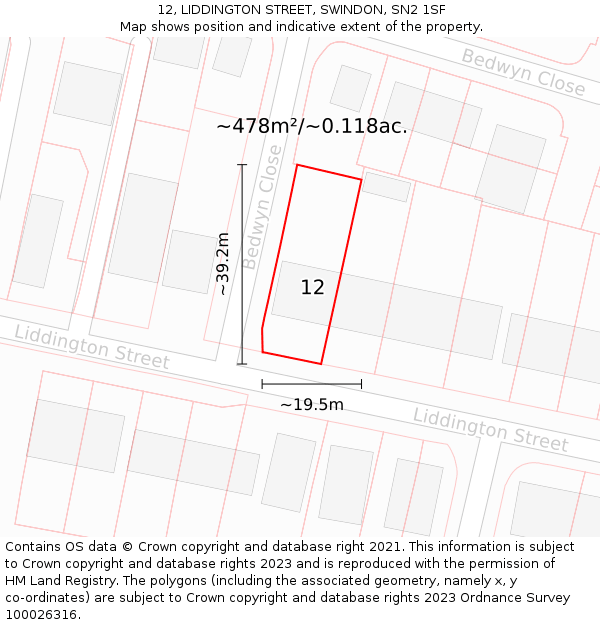 12, LIDDINGTON STREET, SWINDON, SN2 1SF: Plot and title map