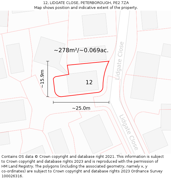 12, LIDGATE CLOSE, PETERBOROUGH, PE2 7ZA: Plot and title map