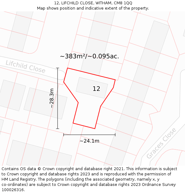 12, LIFCHILD CLOSE, WITHAM, CM8 1QQ: Plot and title map