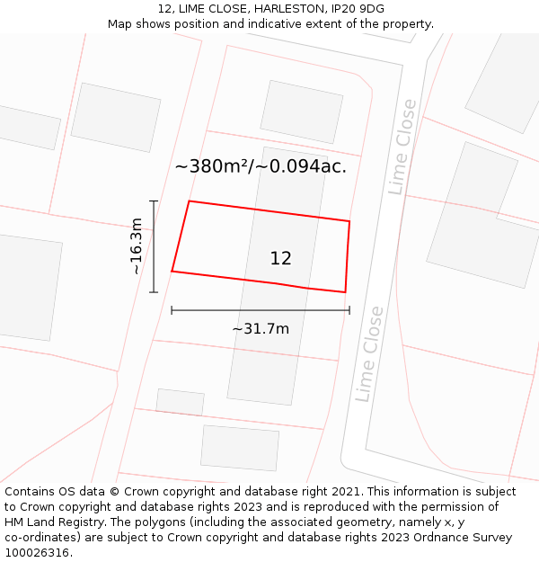 12, LIME CLOSE, HARLESTON, IP20 9DG: Plot and title map