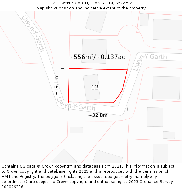 12, LLWYN Y GARTH, LLANFYLLIN, SY22 5JZ: Plot and title map