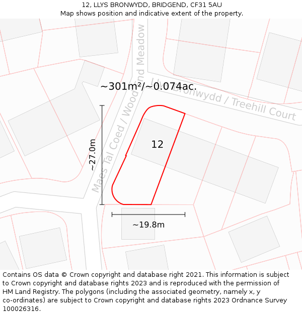 12, LLYS BRONWYDD, BRIDGEND, CF31 5AU: Plot and title map