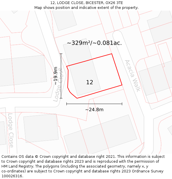 12, LODGE CLOSE, BICESTER, OX26 3TE: Plot and title map