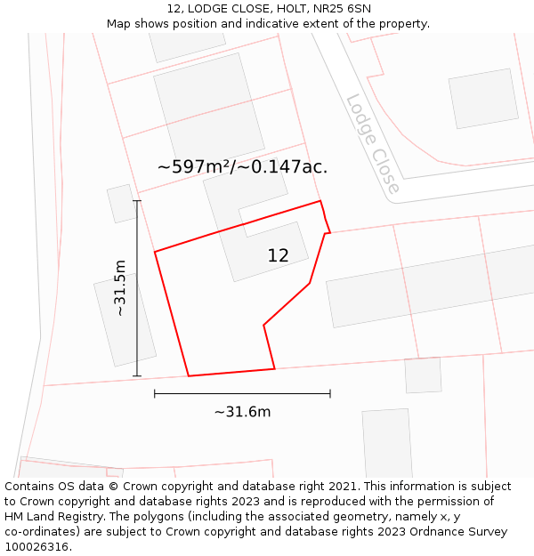 12, LODGE CLOSE, HOLT, NR25 6SN: Plot and title map