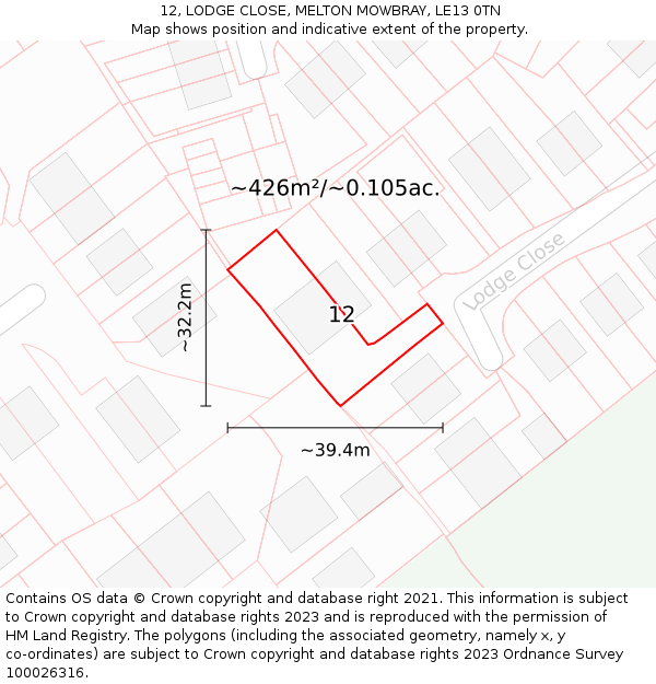 12, LODGE CLOSE, MELTON MOWBRAY, LE13 0TN: Plot and title map