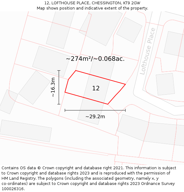 12, LOFTHOUSE PLACE, CHESSINGTON, KT9 2GW: Plot and title map