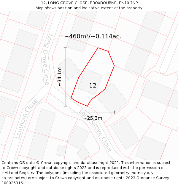 12, LONG GROVE CLOSE, BROXBOURNE, EN10 7NP: Plot and title map