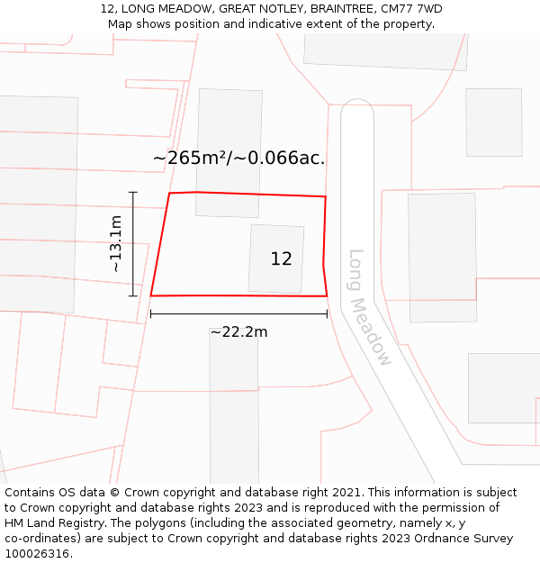 12, LONG MEADOW, GREAT NOTLEY, BRAINTREE, CM77 7WD: Plot and title map