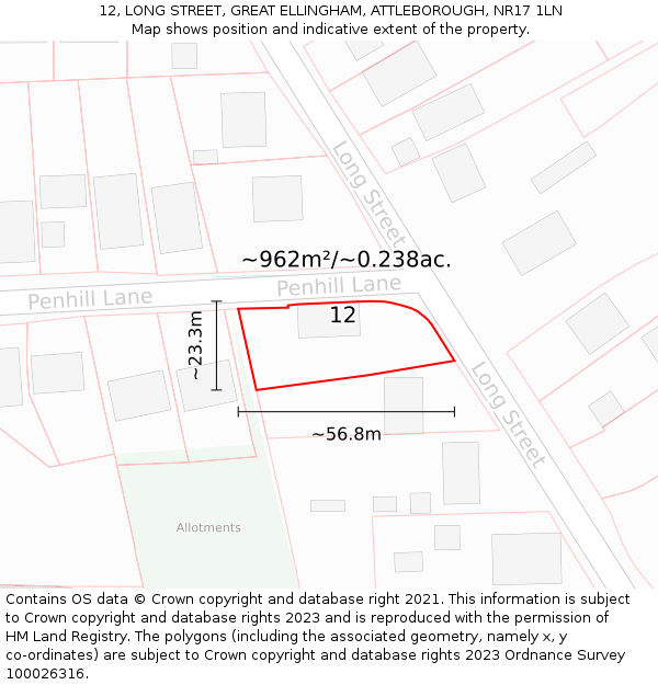 12, LONG STREET, GREAT ELLINGHAM, ATTLEBOROUGH, NR17 1LN: Plot and title map