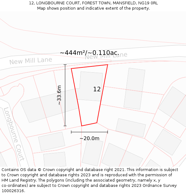 12, LONGBOURNE COURT, FOREST TOWN, MANSFIELD, NG19 0RL: Plot and title map