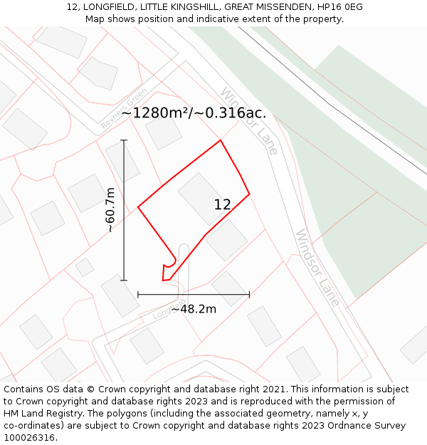 12, LONGFIELD, LITTLE KINGSHILL, GREAT MISSENDEN, HP16 0EG: Plot and title map