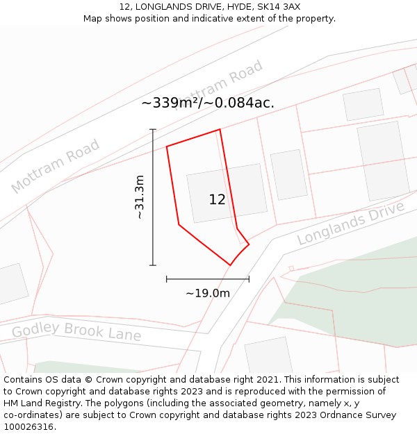12, LONGLANDS DRIVE, HYDE, SK14 3AX: Plot and title map