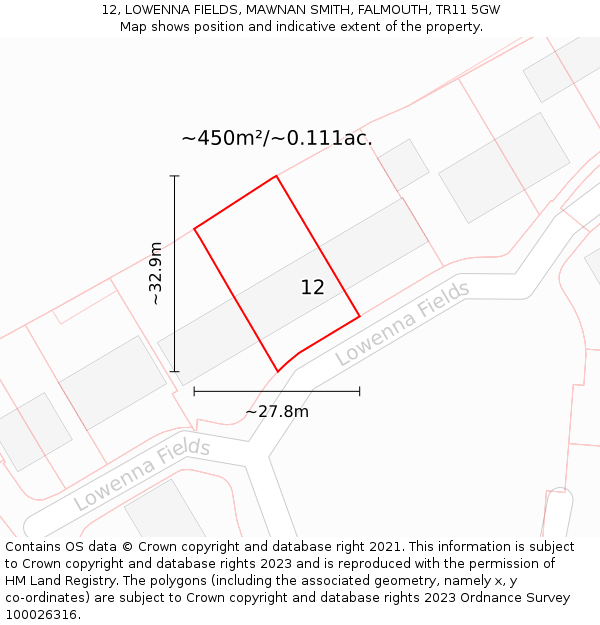 12, LOWENNA FIELDS, MAWNAN SMITH, FALMOUTH, TR11 5GW: Plot and title map