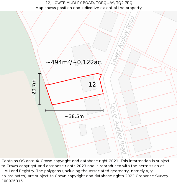 12, LOWER AUDLEY ROAD, TORQUAY, TQ2 7PQ: Plot and title map