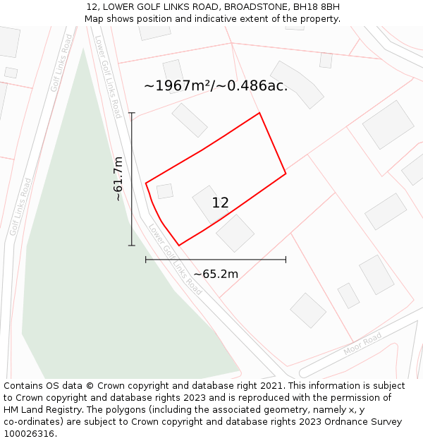 12, LOWER GOLF LINKS ROAD, BROADSTONE, BH18 8BH: Plot and title map