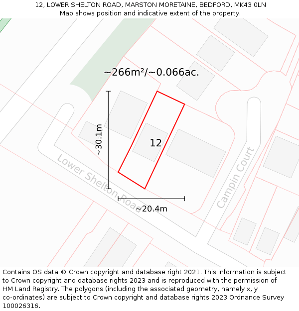 12, LOWER SHELTON ROAD, MARSTON MORETAINE, BEDFORD, MK43 0LN: Plot and title map