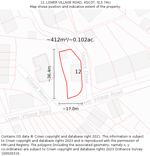 12, LOWER VILLAGE ROAD, ASCOT, SL5 7AU: Plot and title map