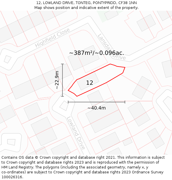 12, LOWLAND DRIVE, TONTEG, PONTYPRIDD, CF38 1NN: Plot and title map