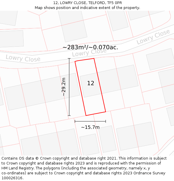 12, LOWRY CLOSE, TELFORD, TF5 0PR: Plot and title map