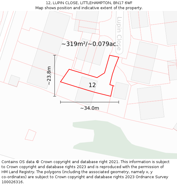 12, LUPIN CLOSE, LITTLEHAMPTON, BN17 6WF: Plot and title map