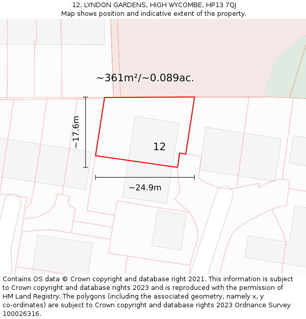 12, LYNDON GARDENS, HIGH WYCOMBE, HP13 7QJ: Plot and title map